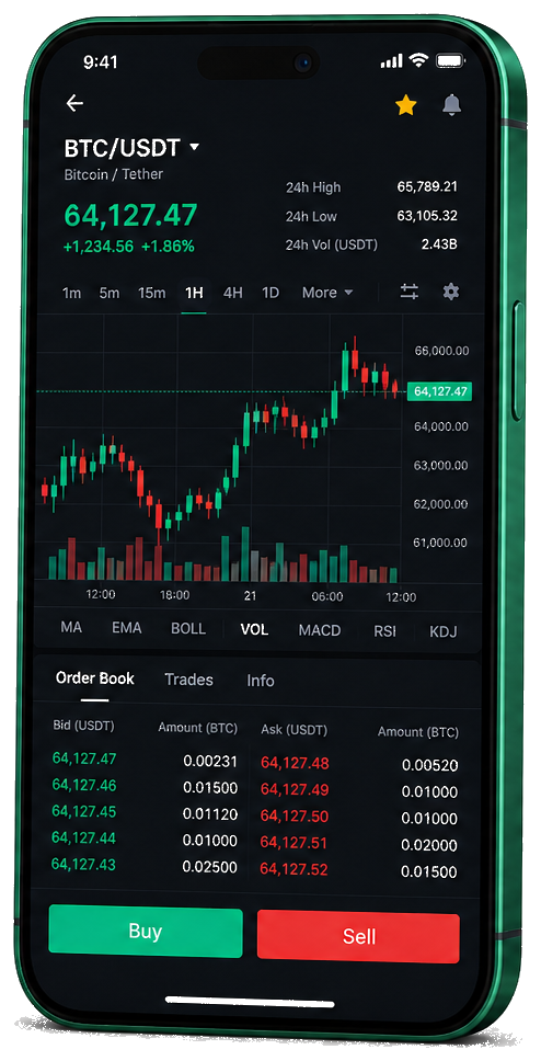 Platforma Qynx AI na smartfonie — wykres BTC/USDT na żywo, księga zleceń oraz panel kupna i sprzedaży